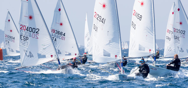  Laser 4.7  European Championship 2019  Hyeres FRA  Day 2  perfect Mistral breeze conditions, ITA (girls) and NED (boys) leading