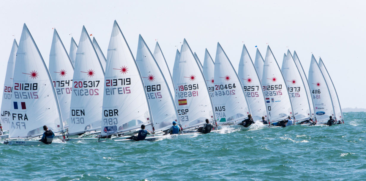  Laser Standard + Radial  European Championship 2019  Porto POR  Day 1, best NorAms are Chris Barnard USA 8th and Sarah Douglas CAN 14th