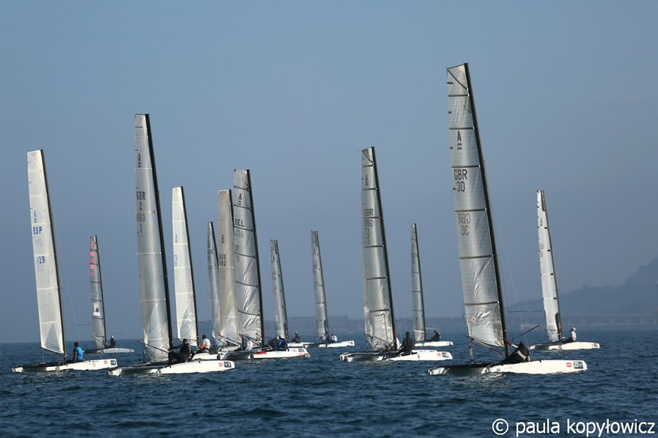  ACat  World Championship 2019  Weymouth GBR  Day 1, light wind race with favorites down in the ranks, Mahoney USA only 36th