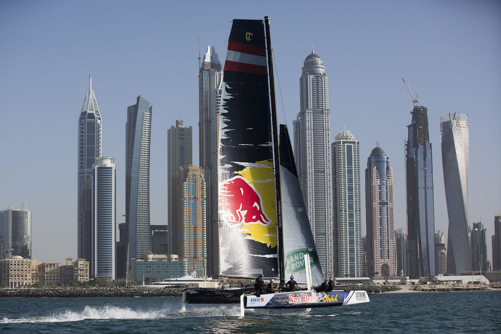  GC32Catamaran  Extreme Sailing Series  Act 1  Muscat OMN  Start today with Taylor Canfield and Morgan Larson 