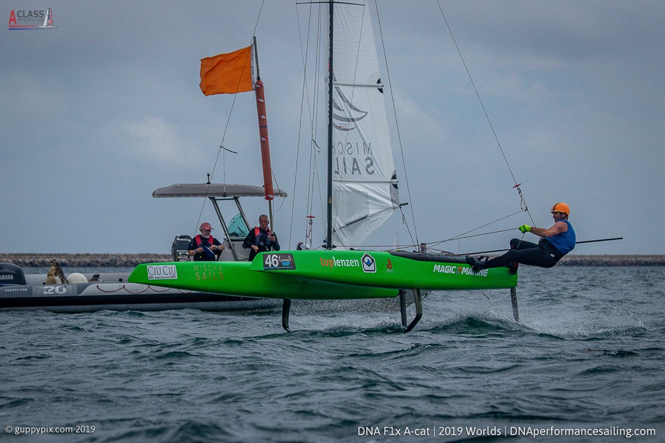  ACat  World Championship 2019  Weymouth GBR  Day 4, dominating Heemskerk NED, Mahoney USA down on 7th after UFD