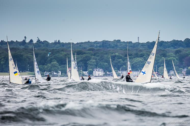  Finn  World Masters 2019  Skovshoved DEN  Day 1, only half of the 213 boat fleet completed two races in slackening winds