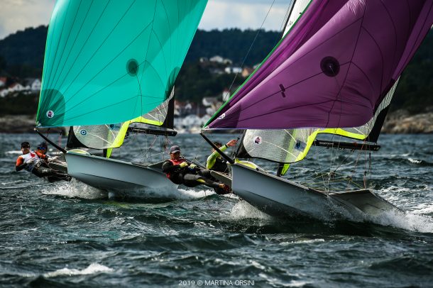  49er, 49erFX, Nacra 17  Junior World Championship 2019  Risor NOR  Day 2, North Americans in second half of the fleets