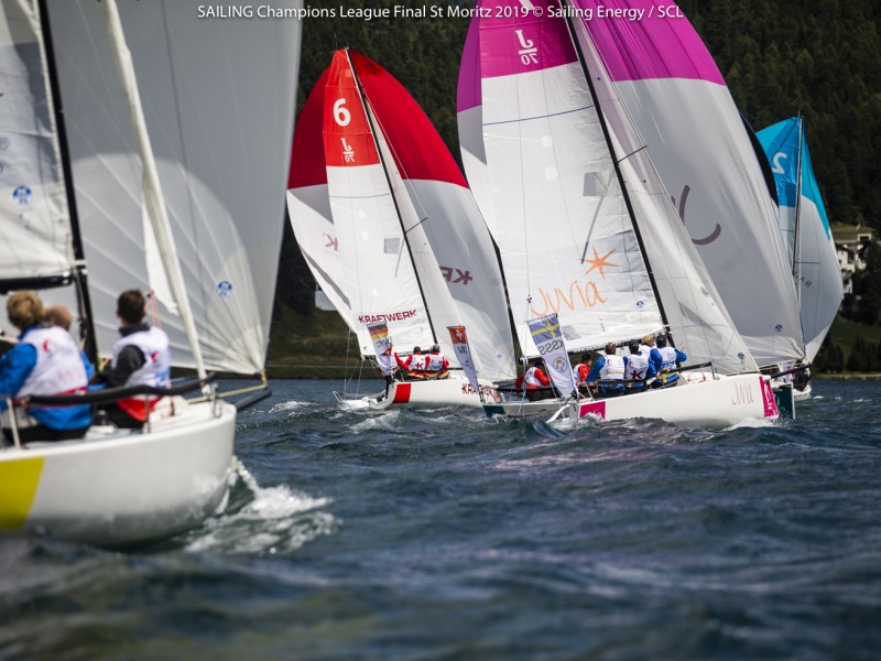  J/70  Sailing Champions League  Finals  St.Moritz SUI  Day 1, VSa Wannsee GER first leader among 24 best European Club teams