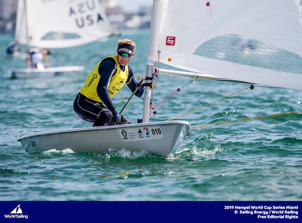  Laser  Olympic Worldcup 2019  Miami FL, USA  Day 4, top10 interim ranks for Railey USA (1st), Douglas CAN (7th) and Buckingham USA (4th)