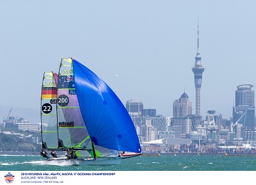  49er, 49erFX, Nacra 17  Oceania Championship Auckland NZL  Day 1, US teams leaders in the Skiffs, runnerup in the Nacras