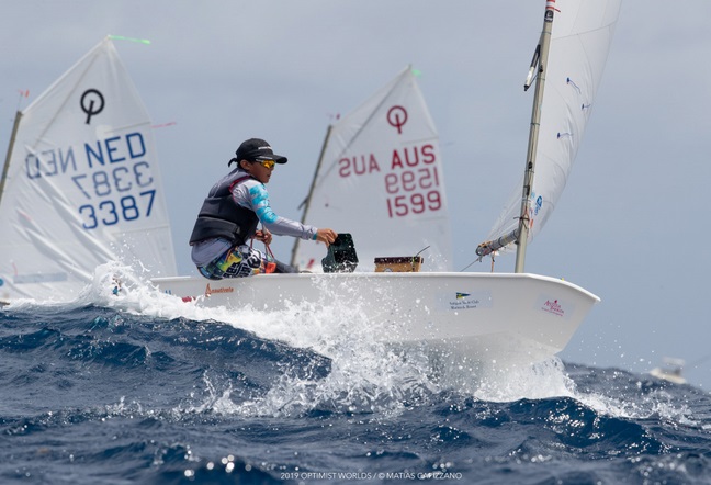 Optimist  World Championship 2019  English Harbour ANT  Day 2, Schultheis MLT flawless leader, Grit USA 6th
